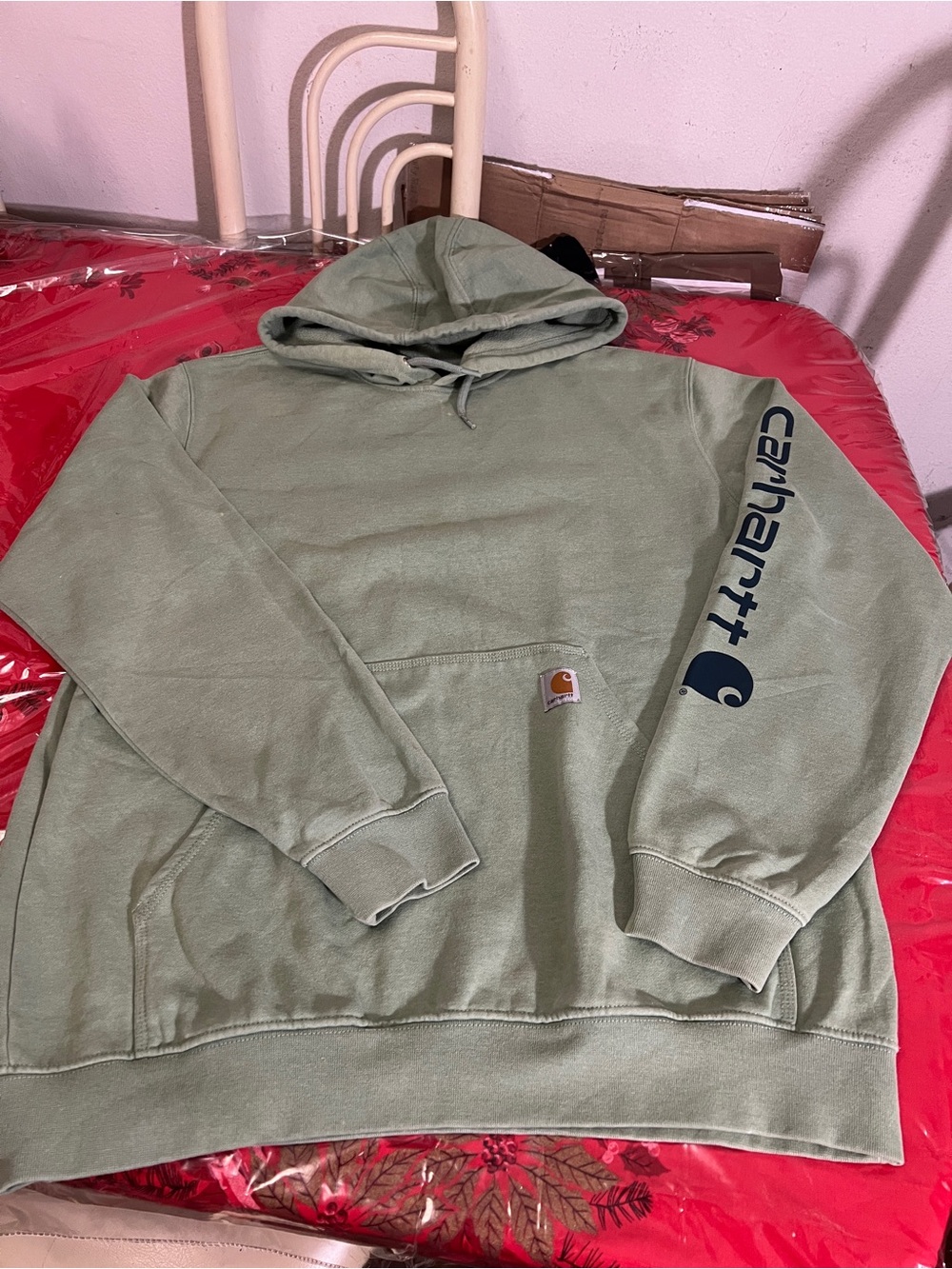 Carhartt Men’s Sage Green Logo Sleeve Loose Fit Pullover Hoodie Sz large